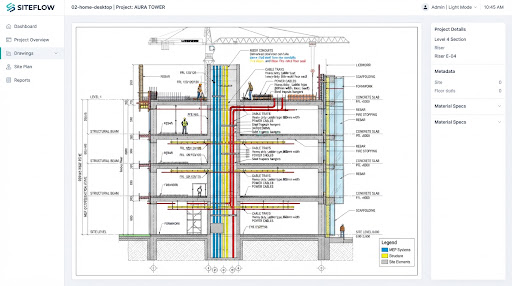 Section drawing showing risers, cable trays and concrete slabs