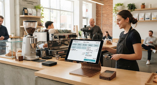 Café counter with a point-of-sale display showing recipe inventory