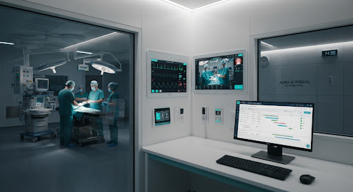 Top Care Hospital clinical corridor with digital displays